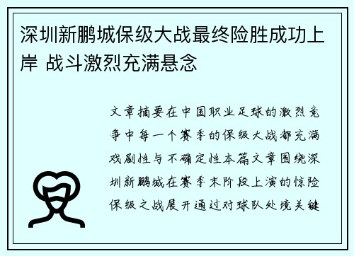 深圳新鹏城保级大战最终险胜成功上岸 战斗激烈充满悬念